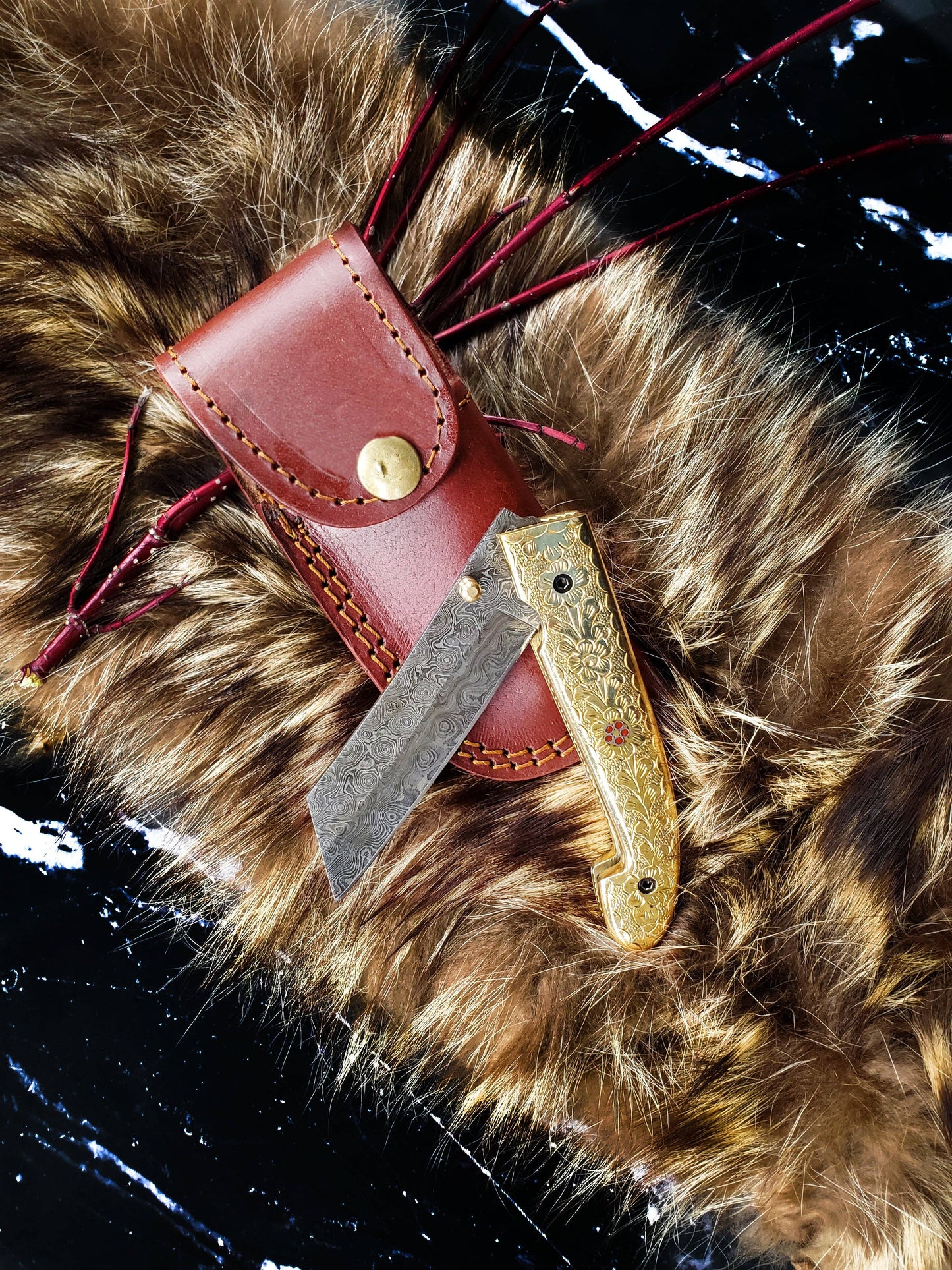 B. Titan Golden Eagle Pocket Knife - Raindrop Damascus folding blade/ Hand engraved