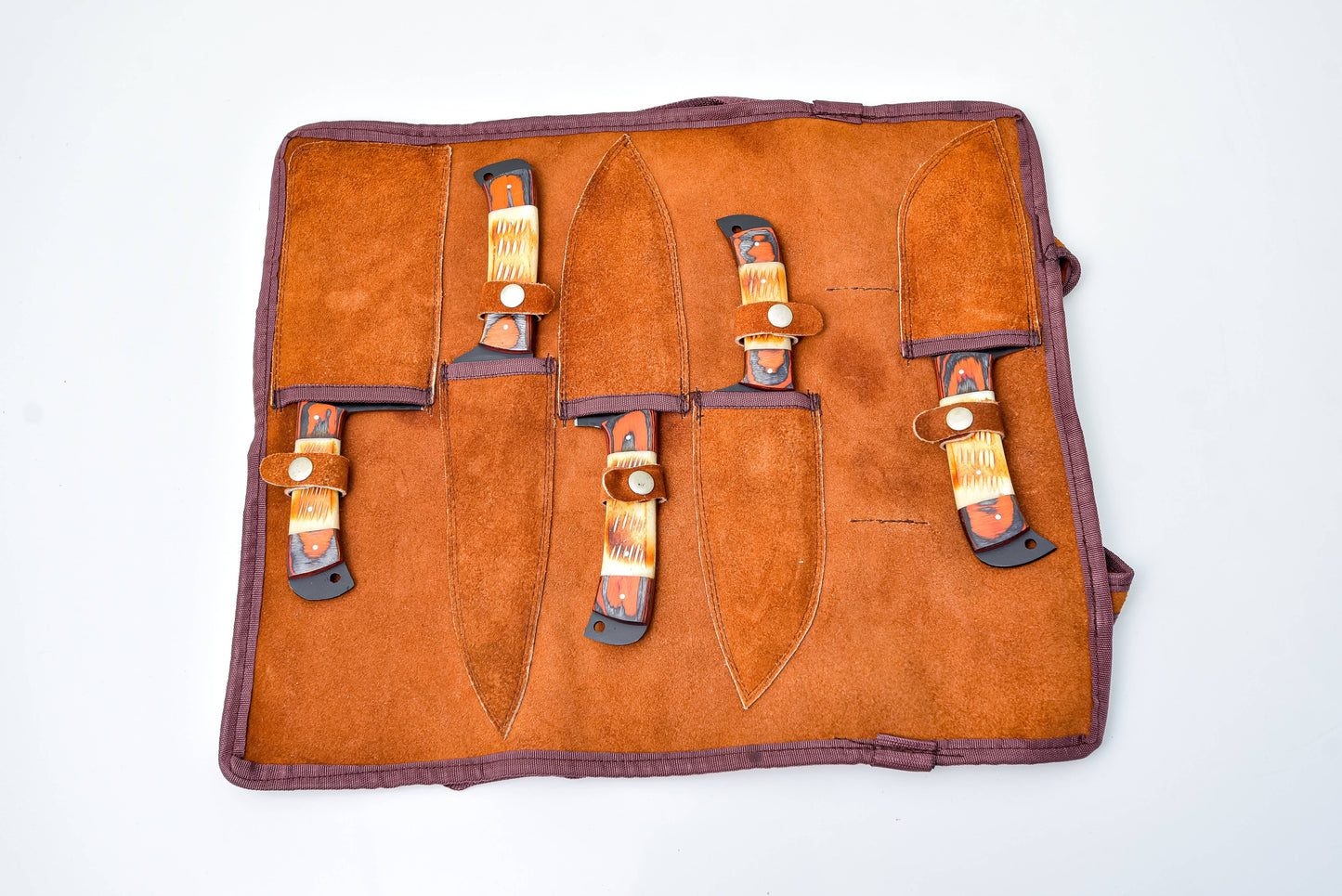 5-Piece Knife Set / With Leather carry Bag Burnt Bone