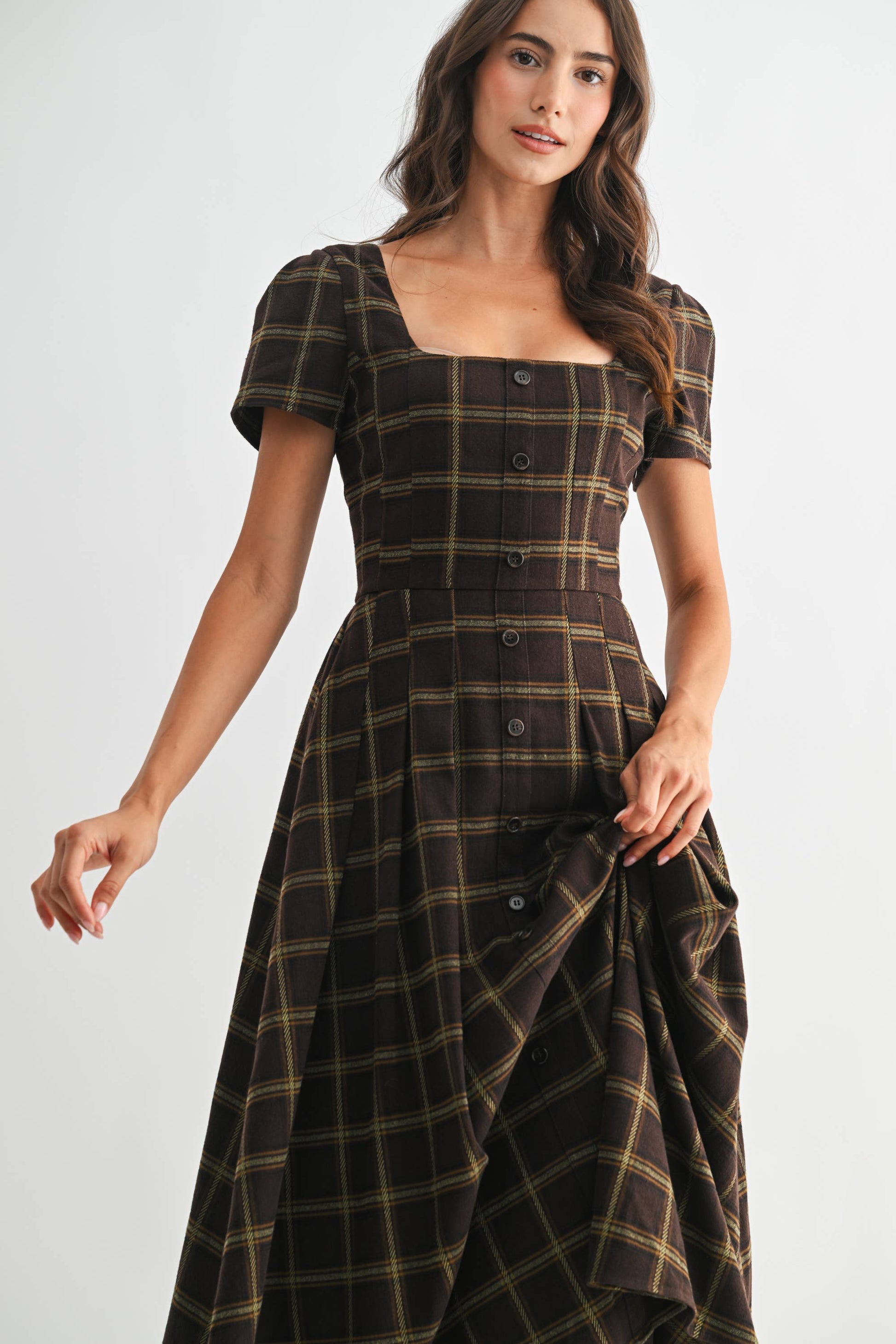 Plaid Button-Down Midi Dress: Brown