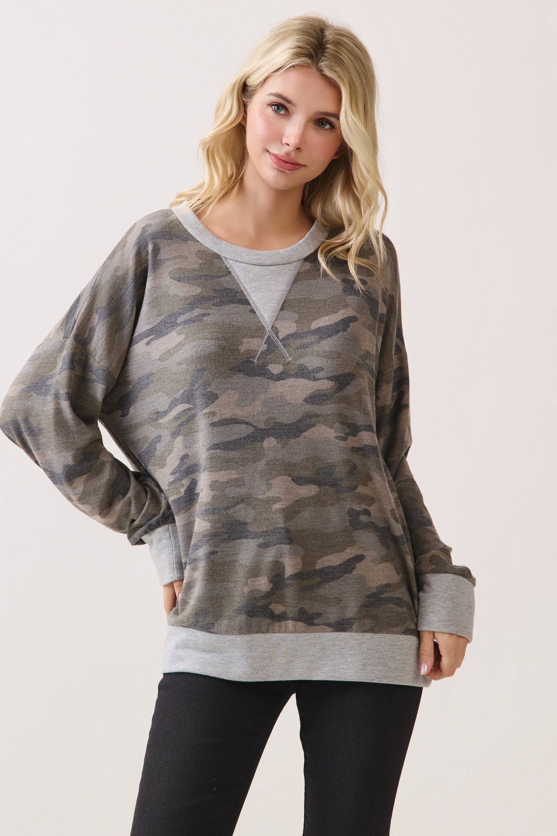 Camo Terry Knit Pullover Top Heather Grey/Camo