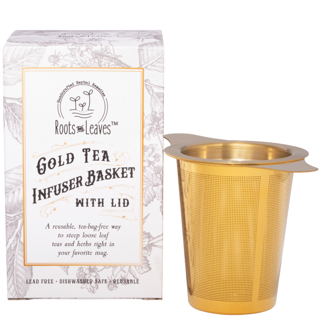 Extra Fine Gold Stainless Steel Large Mesh Tea Infuser w/Lid Roots And Leaves