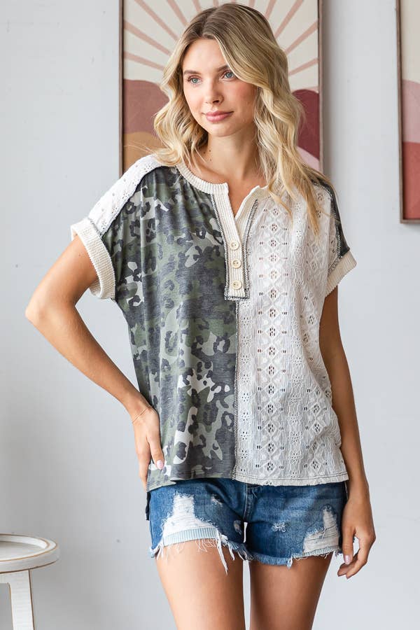 Camo Animal Lace Contrast Button Front Short Sleeve Top