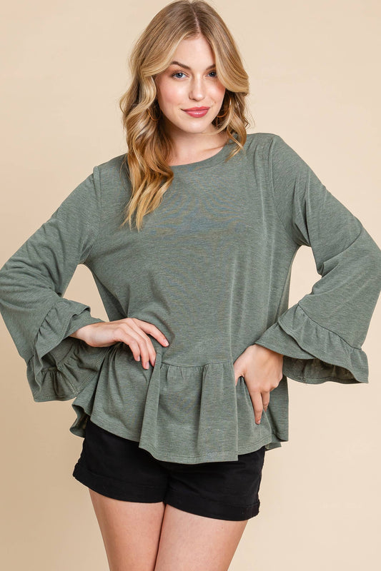 Solid Babydoll Ruffle Hem Top: Olive