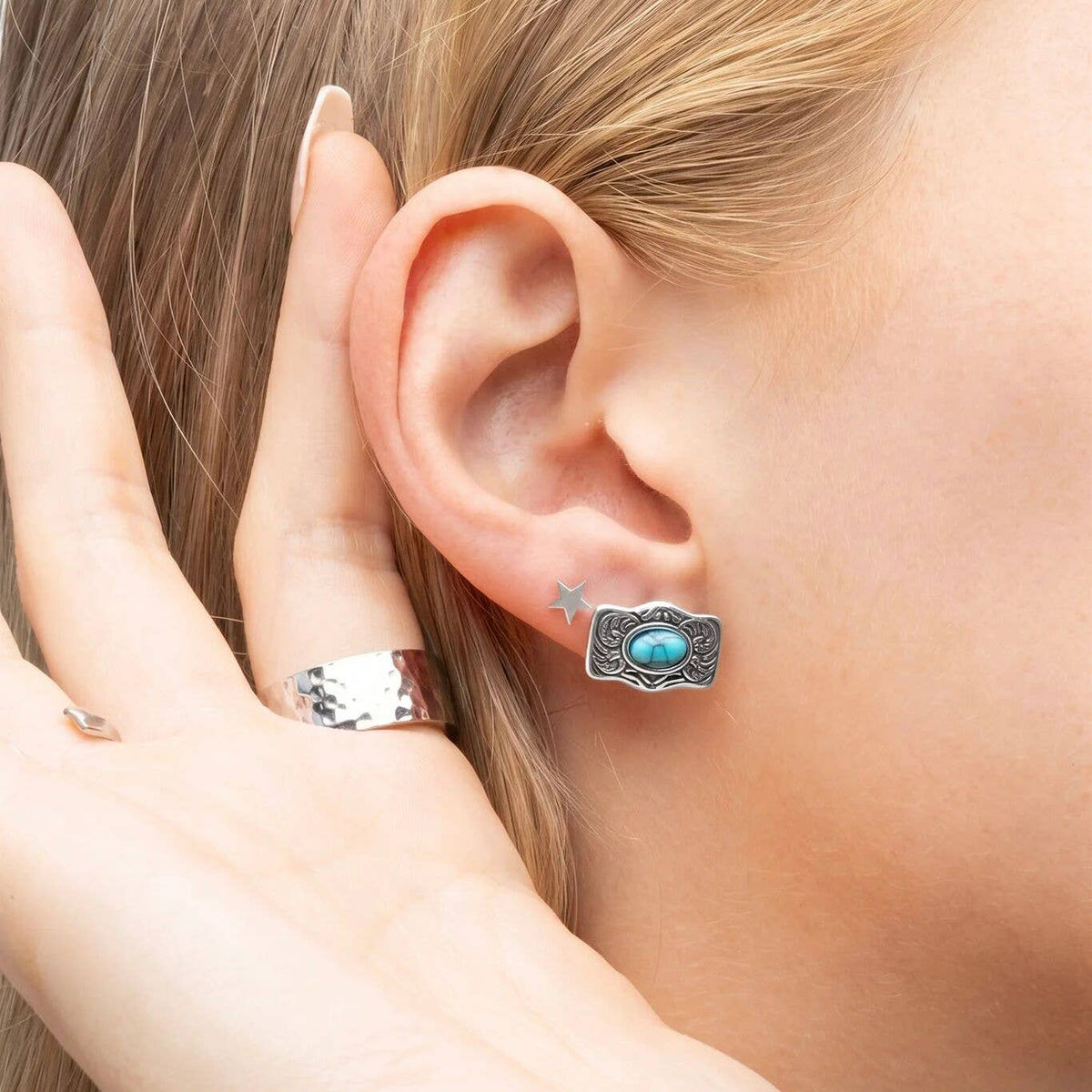 Gold Stainless Steel Turquoise Stone Buckle Stud Earrings: Gold WJW
