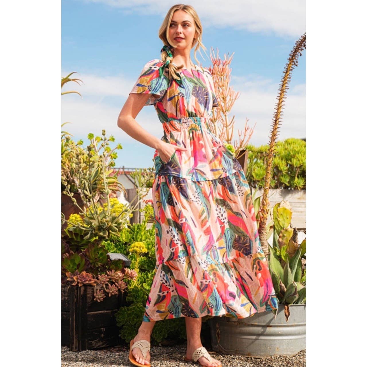 Abstract Printed Smocked Maxi Dress: FUCHSIA