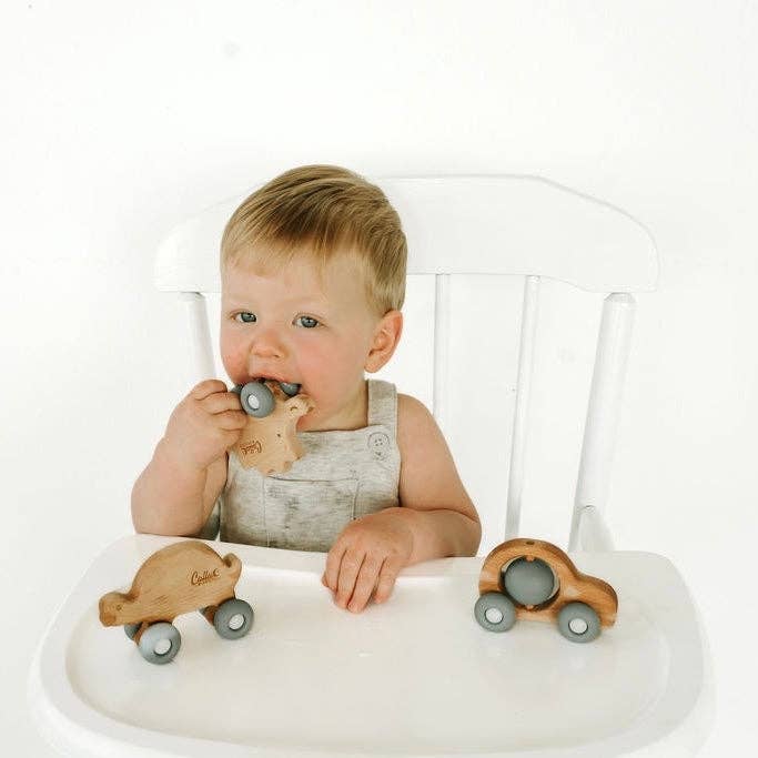 Car Silicone & Beechwood Teether Toy: Powder Blue