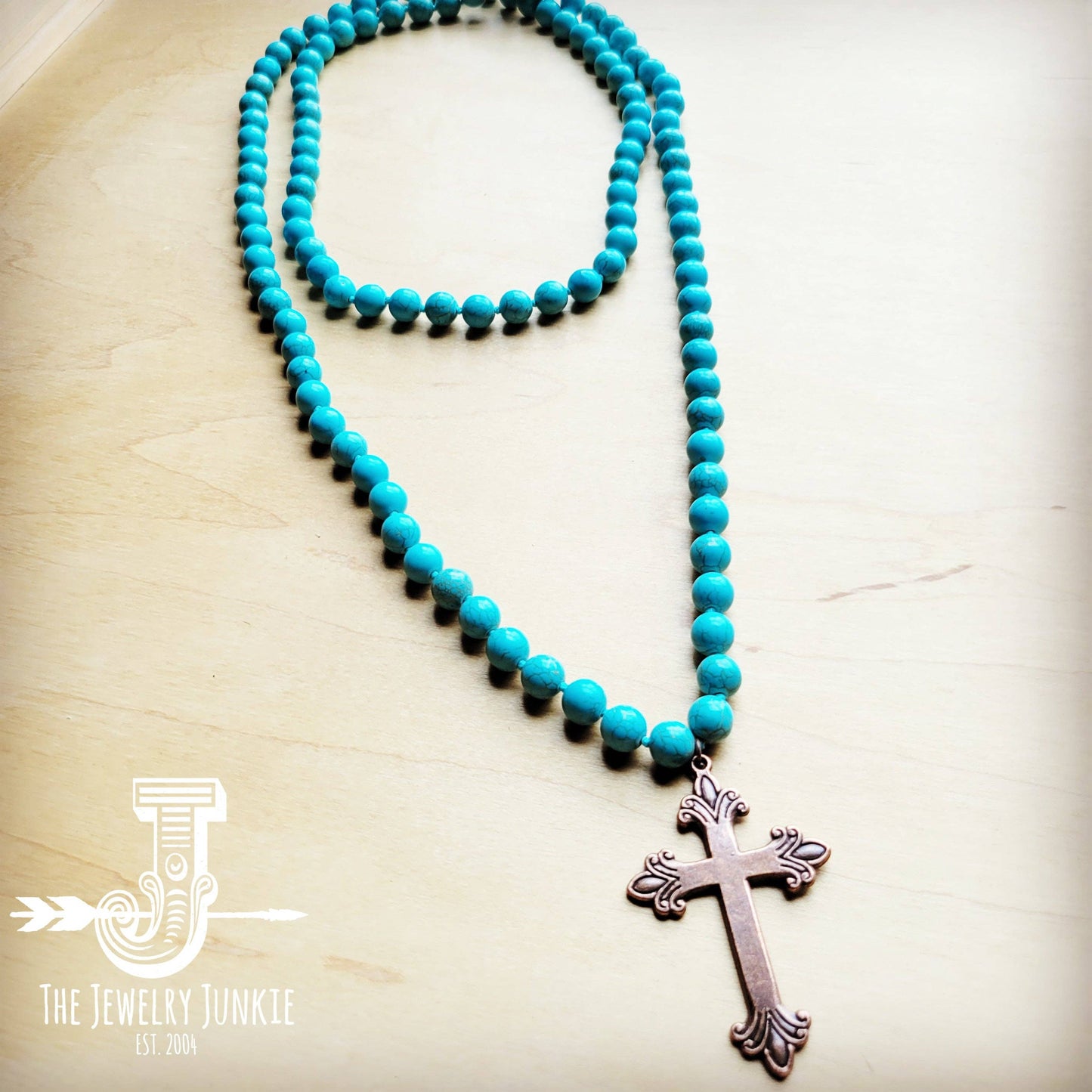 Long Turquoise Beaded Necklace w/ Copper Cross