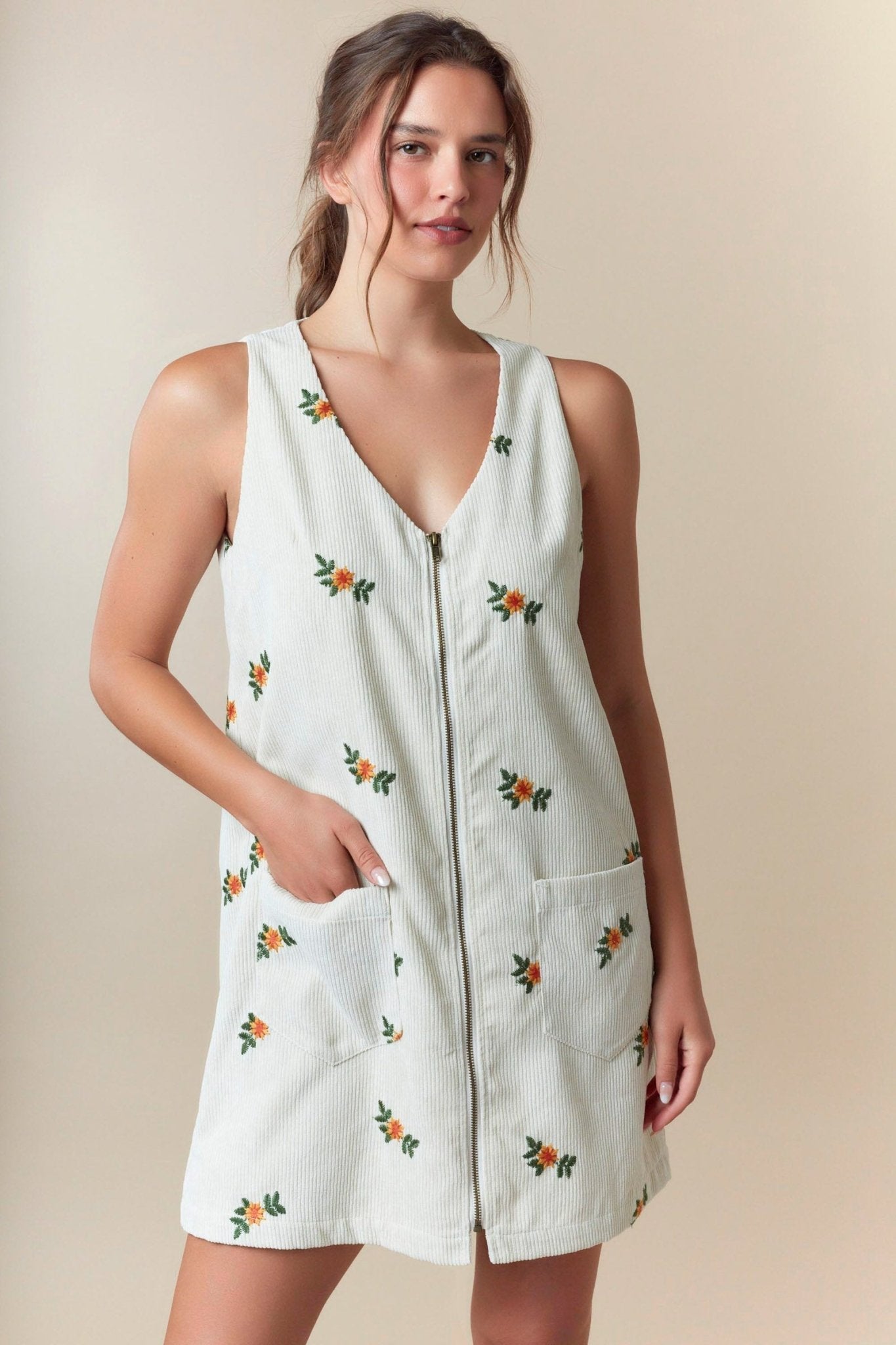 Embroidered Corduroy Solid Zipper Front Mini a Line Dress - The Mustard Seed Collection, The Seed