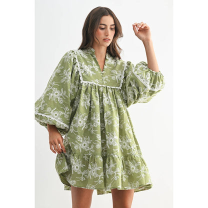 Embroidered Dress with Balloon Sleeves: Green - The Mustard Seed Collection, The Seed