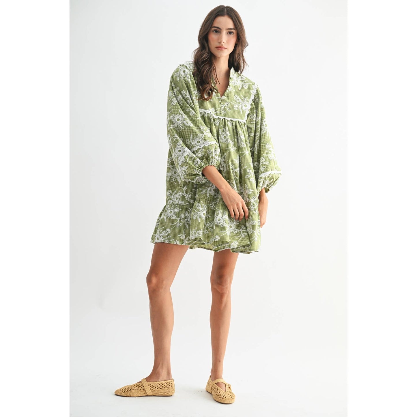 Embroidered Dress with Balloon Sleeves: Green - The Mustard Seed Collection, The Seed