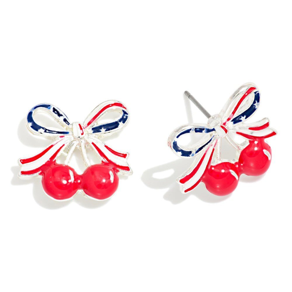 Enamel Americana Bow &amp; Cherries Post Drop Earring 