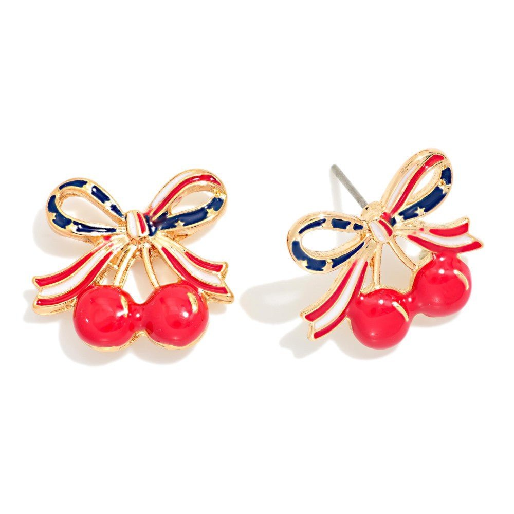 Enamel Americana Bow &amp; Cherries Post Drop Earring 