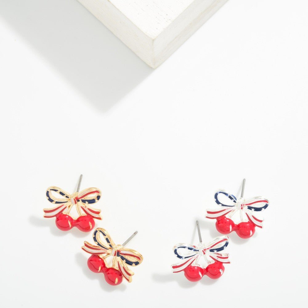 Enamel Americana Bow &amp; Cherries Post Drop Earring 
