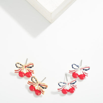 Enamel Americana Bow &amp; Cherries Post Drop Earring 