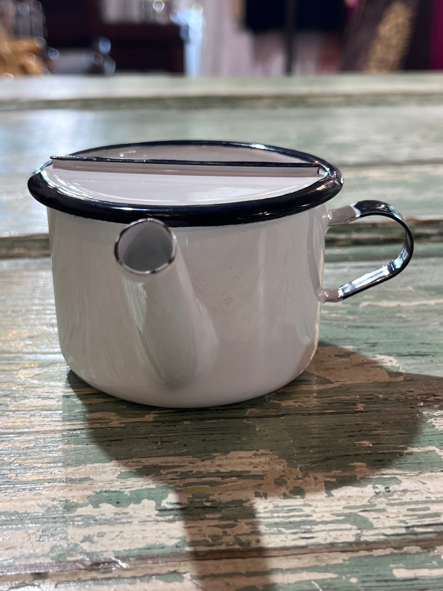 Enamel Antique Baby Invalid Feeder Cup round pot bottom - The Mustard Seed Collection, The Seed