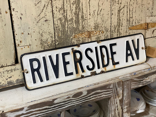 Enamel Antique Riverside Ave Road Sign Authentic - The Mustard Seed Collection, The Seed