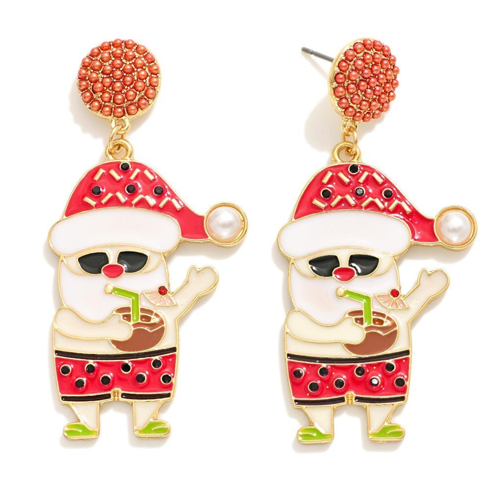 Enamel Tropical Santa Post Drop Earrings Featuring Pave Bead Post - The Mustard Seed Collection, The Seed