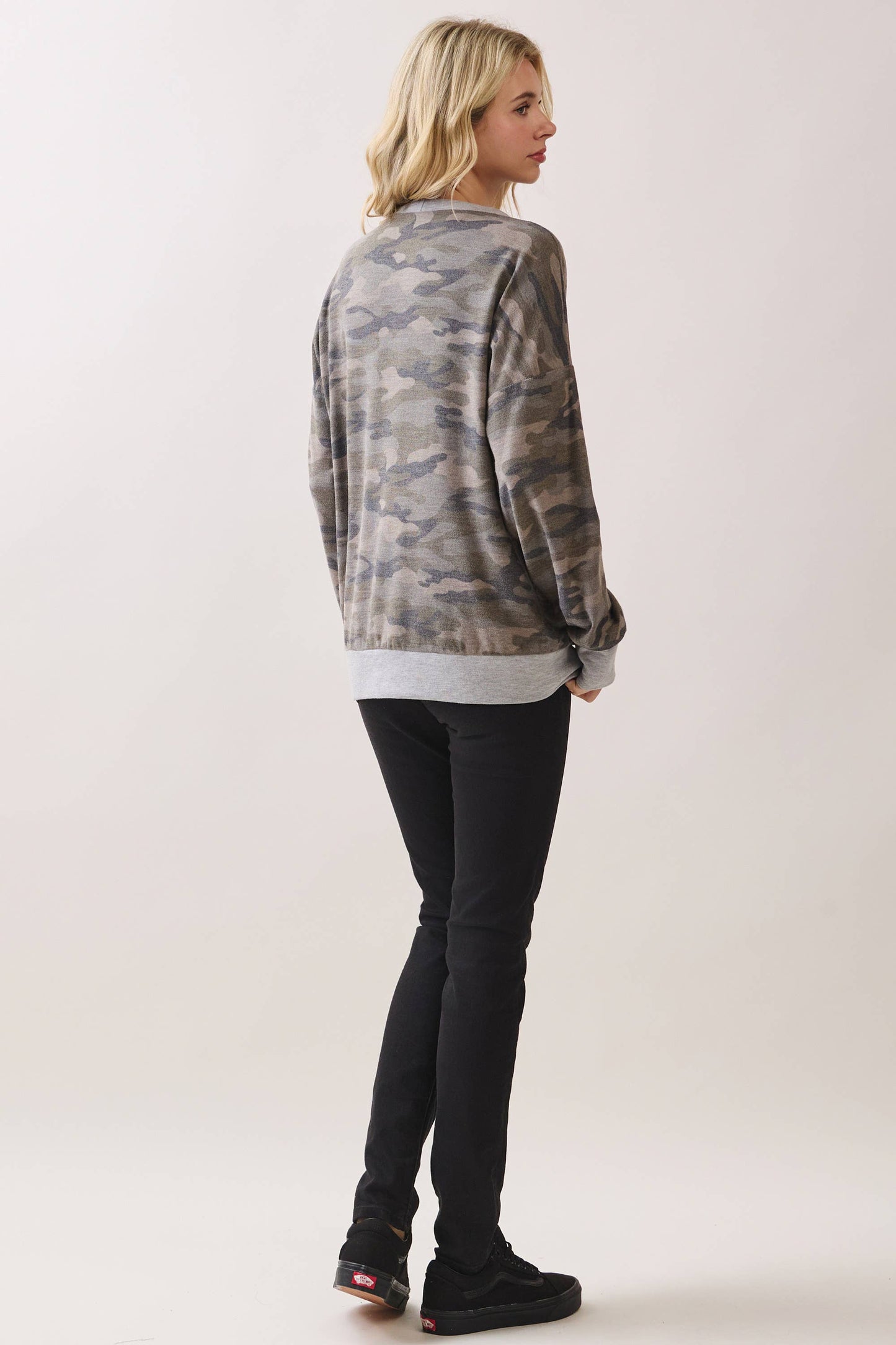 Camo Terry Knit Pullover Top Heather Grey/Camo