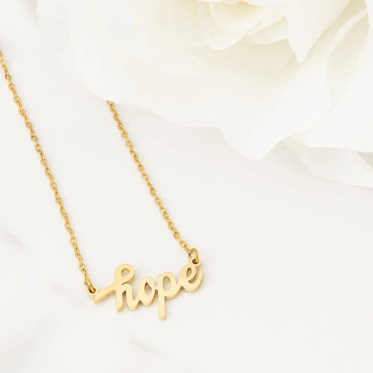 18K Gold PVD Stainless Steel  "Hope" Script Charm Necklace: Gold WJW