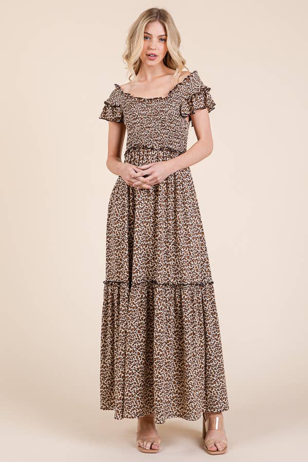 Leopard Ruffle Sleeve Tiered Maxi Dress