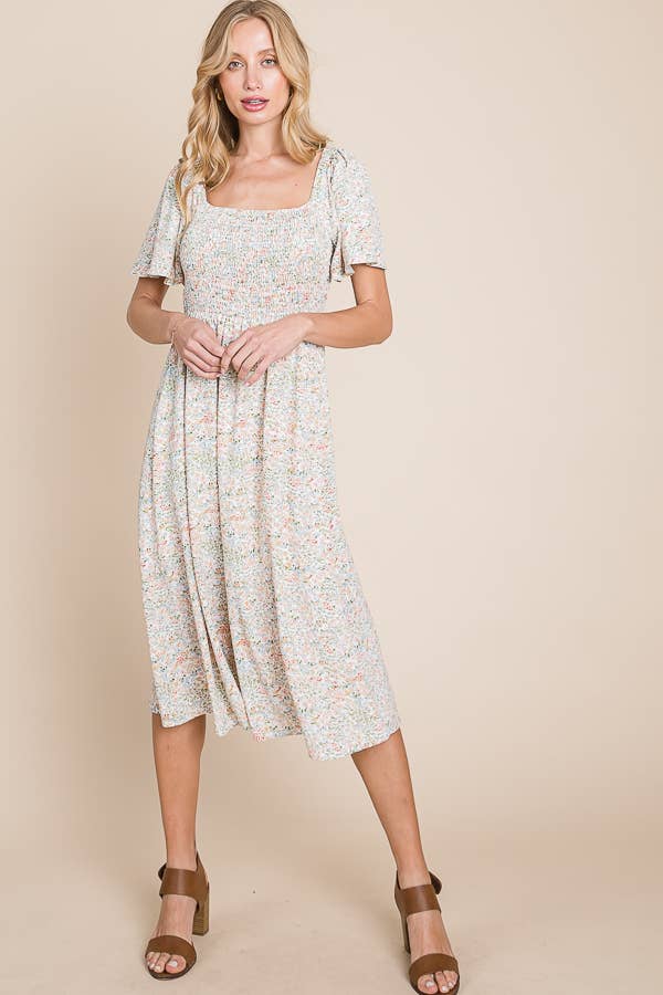 Floral Print Butterfly Sleeve Square Neck Smocked Midi Dress: CREAM