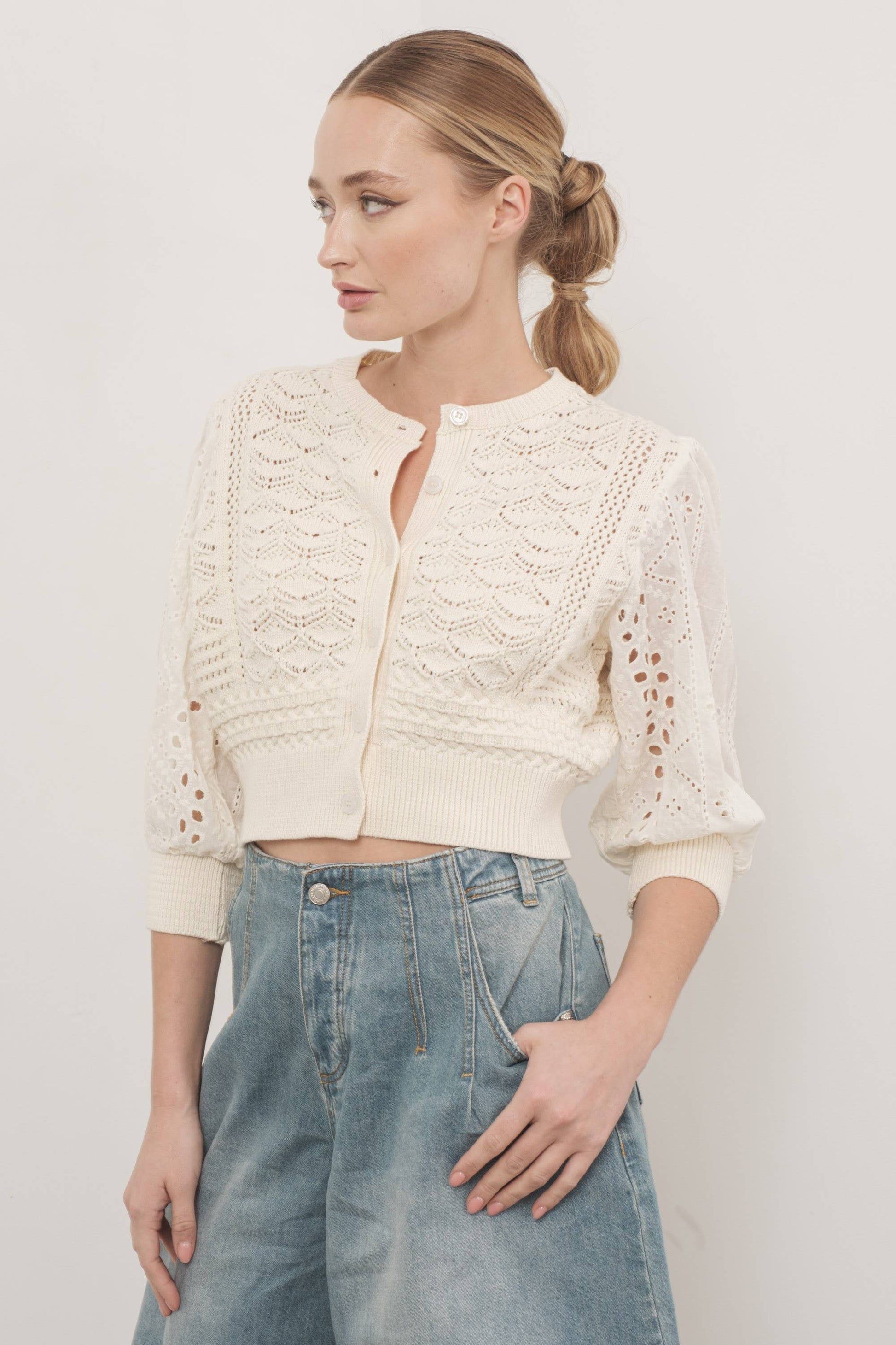 The Poppy 3/4 Sleeve Sweater in Cream Small