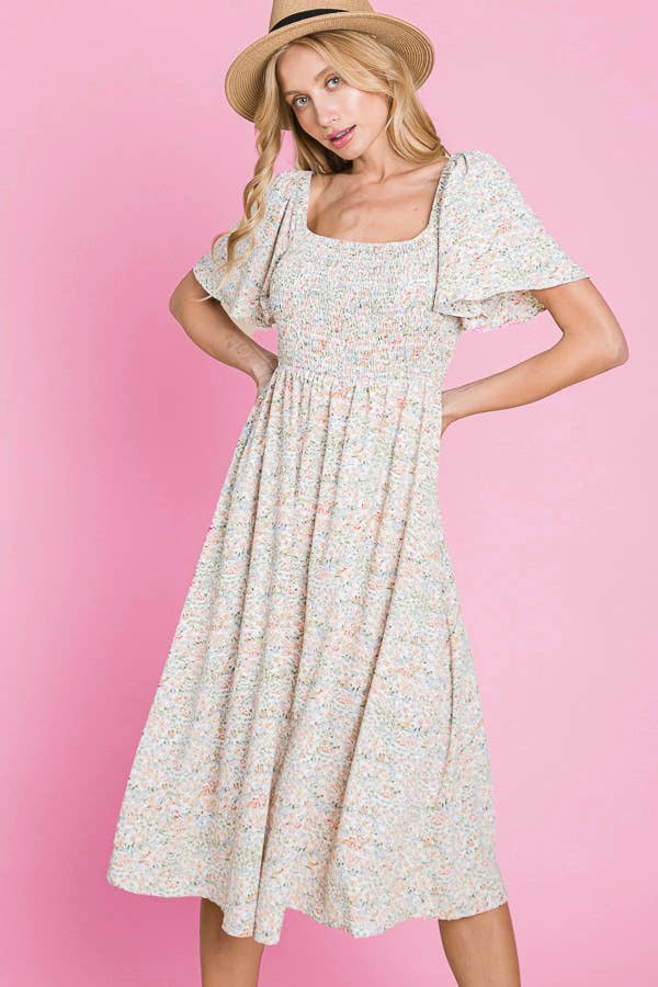 Floral Print Butterfly Sleeve Square Neck Smocked Midi Dress: CREAM