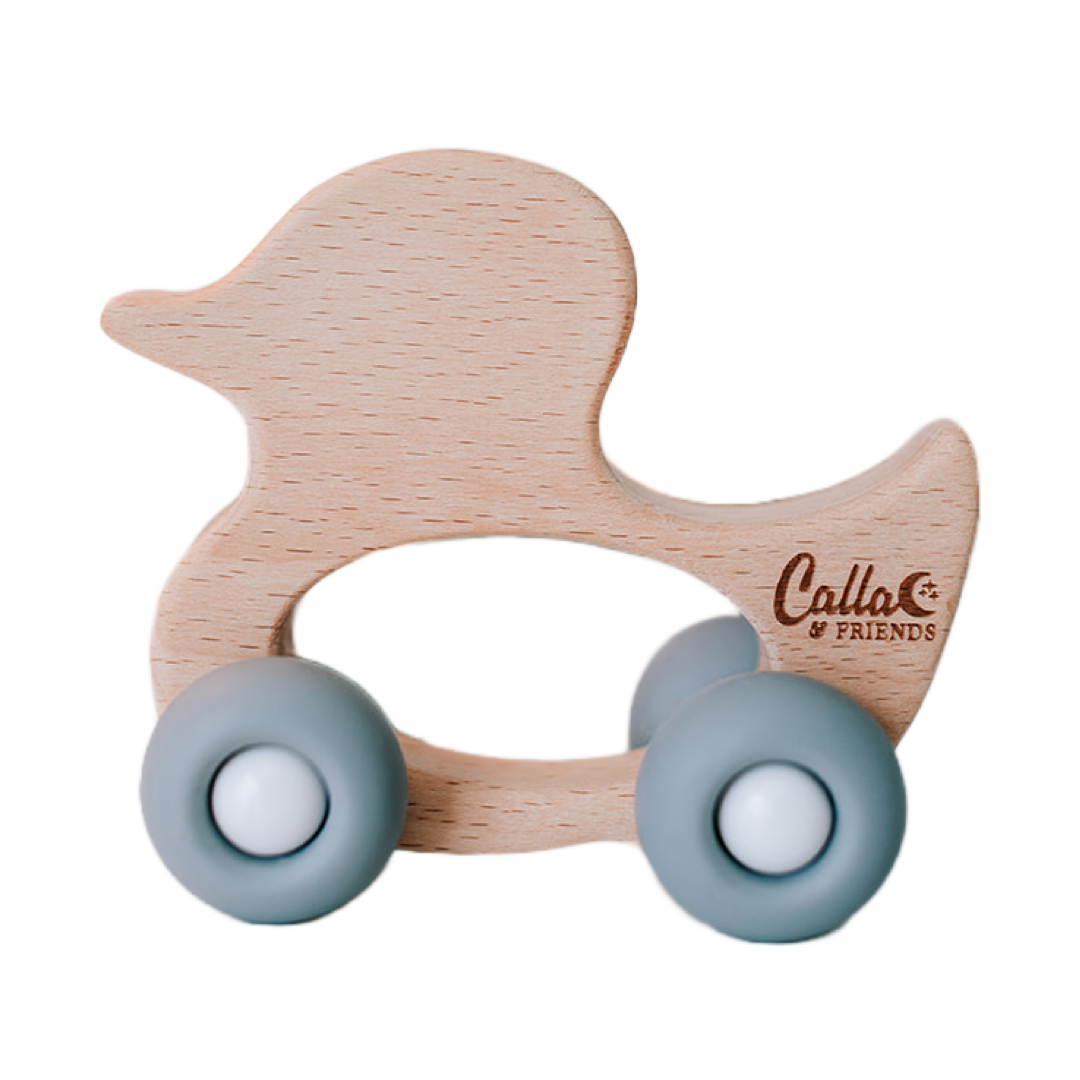 Duck Silicone & Beechwood Teether Toy: Petal Pink