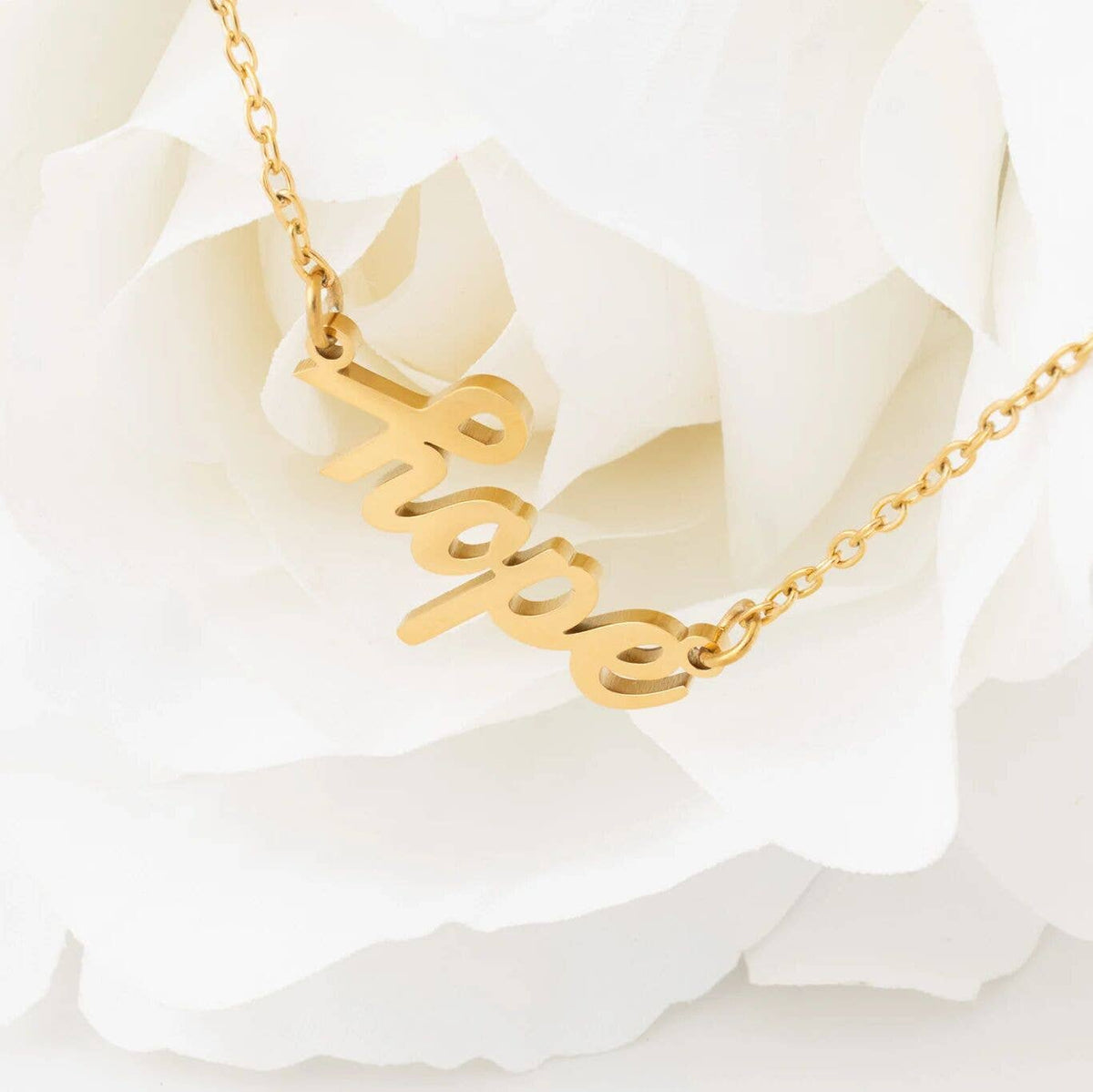 18K Gold PVD Stainless Steel  "Hope" Script Charm Necklace: Gold WJW