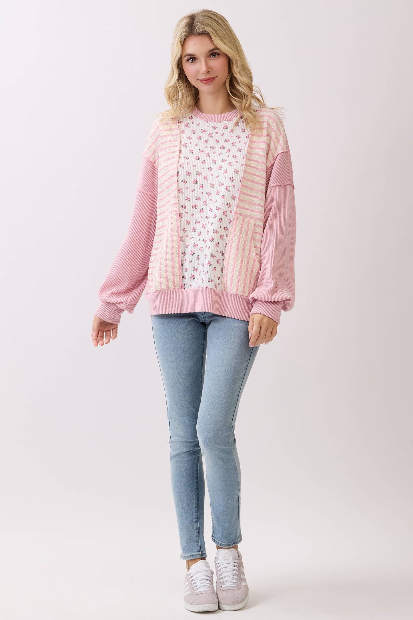 Fondant Pink Floral Rib Patchwork Pullover Top