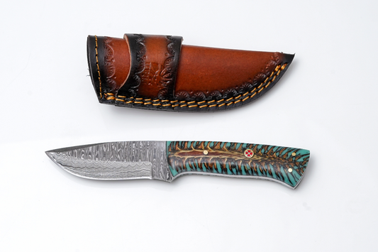 Hand-Forged Damascus Steel Skinner Knife — Stabilized Pine Cone & Teal Resin Handle with Mosaic Pin