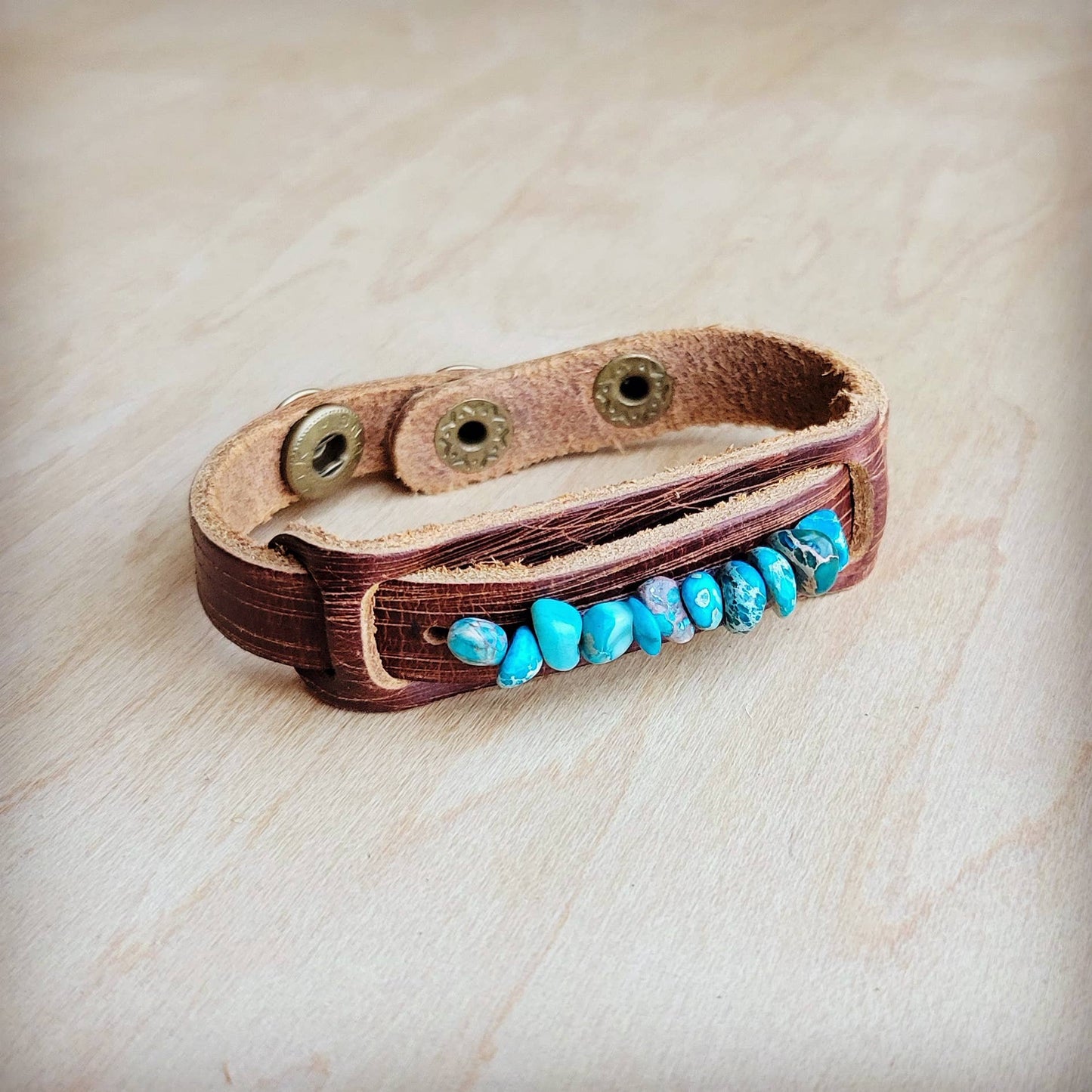 Genuine Leather Narrow Cuff with Turquoise Regalite Stones