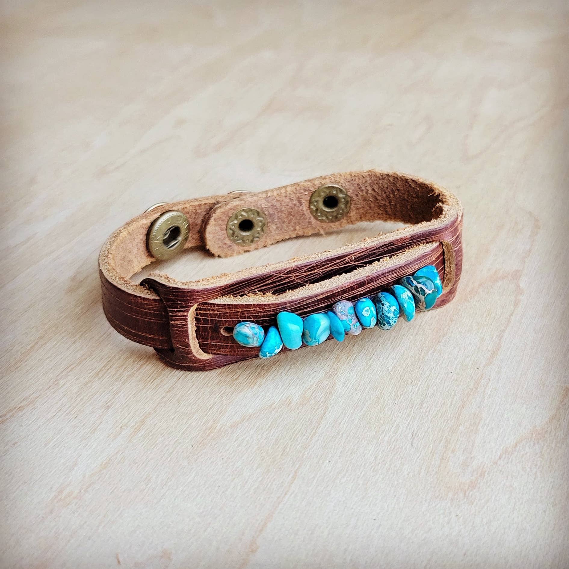 Genuine Leather Narrow Cuff with Turquoise Regalite Stones