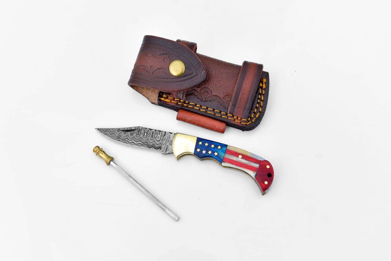 Damascus steel pocket knife Limited Run Titan Patriot