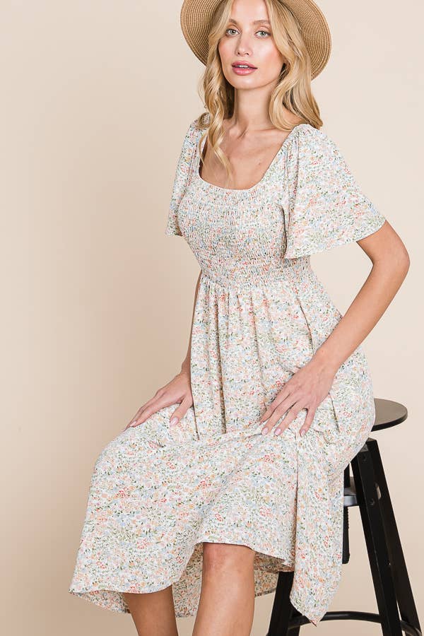 Floral Print Butterfly Sleeve Square Neck Smocked Midi Dress: CREAM - The Mustard Seed Collection, The Seed