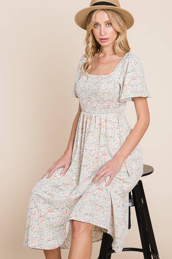 Floral Print Butterfly Sleeve Square Neck Smocked Midi Dress: CREAM - The Mustard Seed Collection, The Seed