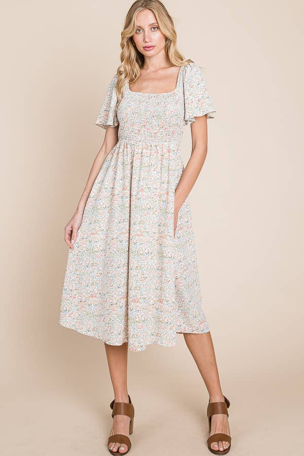 Floral Print Butterfly Sleeve Square Neck Smocked Midi Dress: CREAM - The Mustard Seed Collection, The Seed