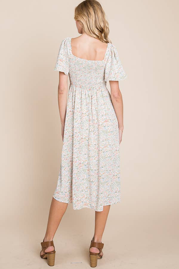 Floral Print Butterfly Sleeve Square Neck Smocked Midi Dress: CREAM - The Mustard Seed Collection, The Seed