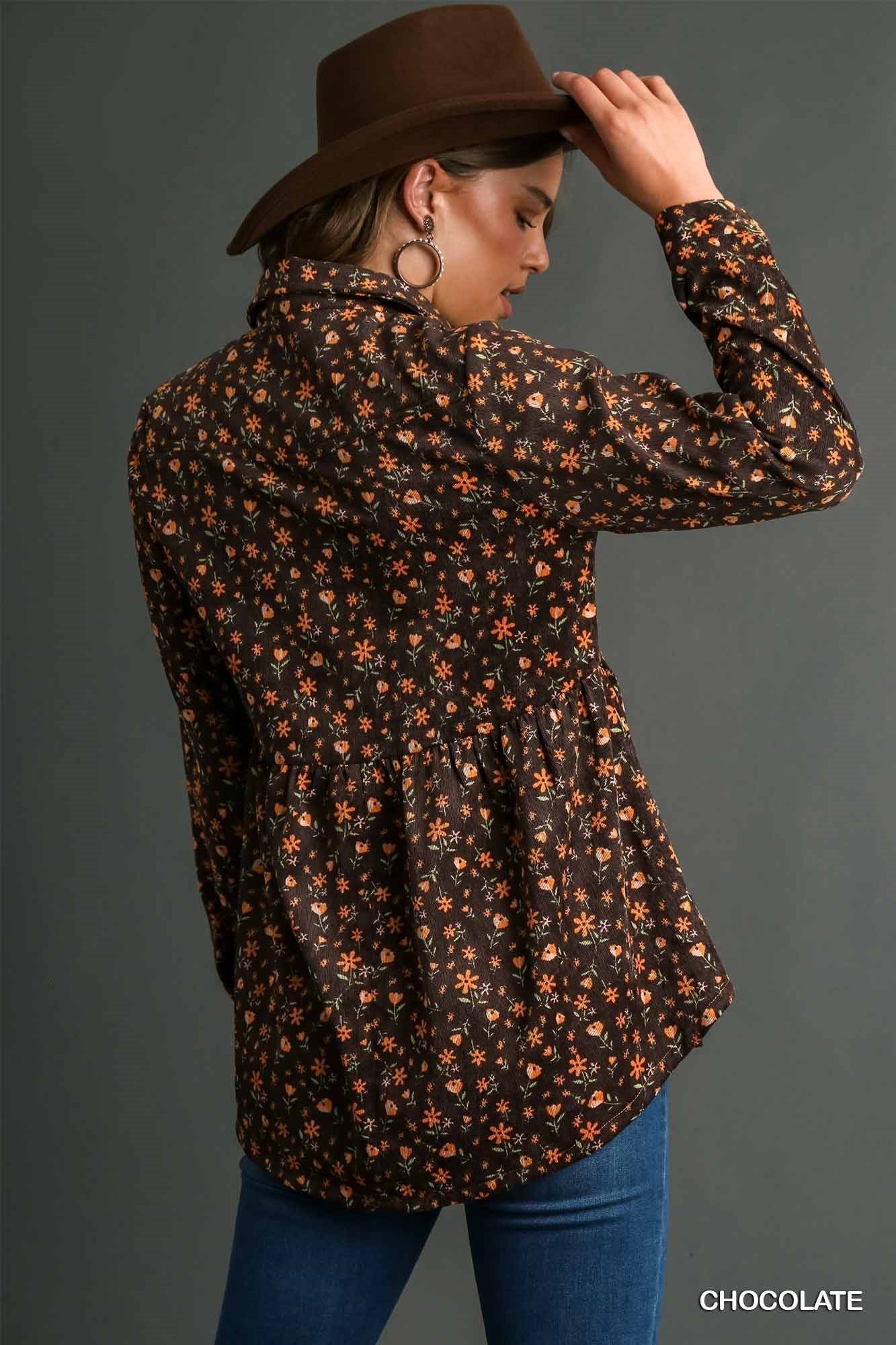 Floral Print Corduroy Button Down Baby Doll Top