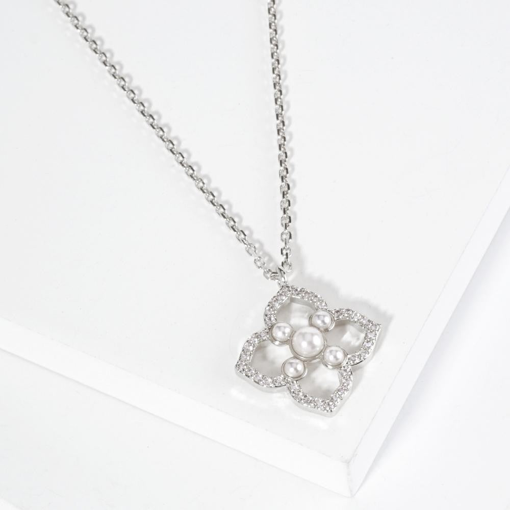 Pearl & Cubic Zirconia Flower Dainty Chain Link Necklace Silver
