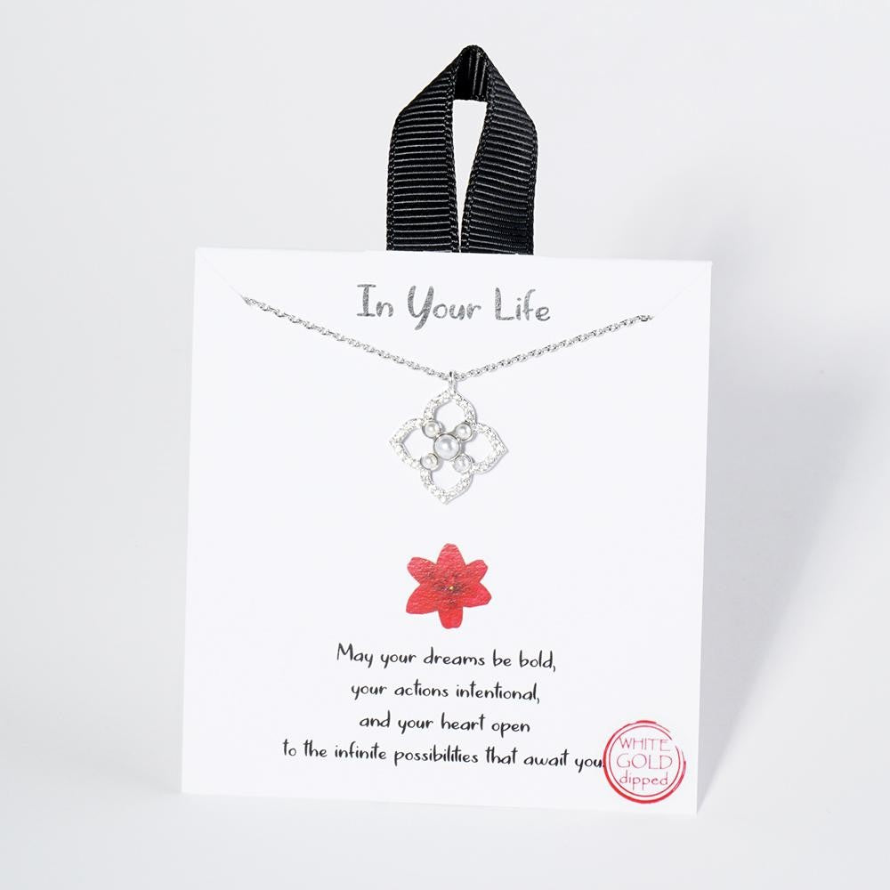 Pearl & Cubic Zirconia Flower Dainty Chain Link Necklace Silver