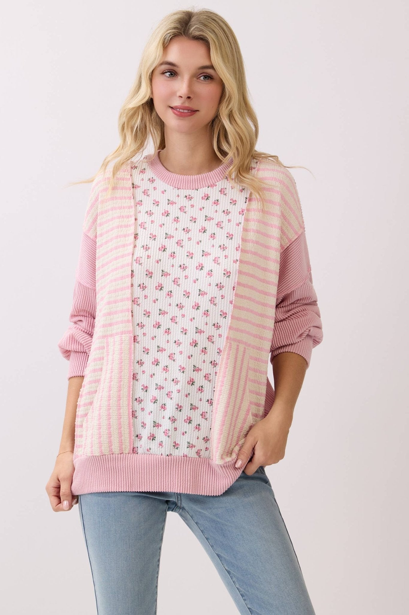 Fondant Pink Floral Rib Patchwork Pullover Top - The Mustard Seed Collection, The Seed