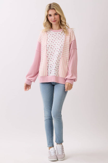Fondant Pink Floral Rib Patchwork Pullover Top - The Mustard Seed Collection, The Seed