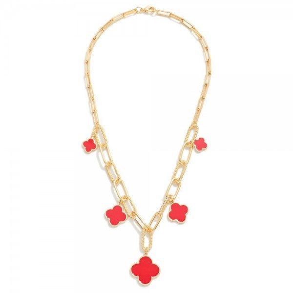 Gold Dipped Paper Clip Chain Link Necklace With Twisted Metal Link Details &amp; Clover Charms - The Mustard Seed Collection, The Seed