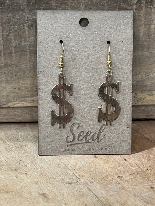 Gold Dollar Sign Dangle Earrings
