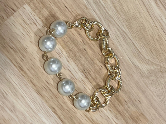 Gold Filled Ball and Twist & Ivory Pearl Bracelet 7.5"