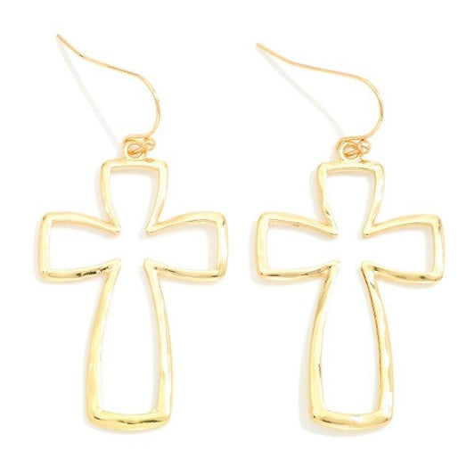 Gold Rounded Metal Cross Drop Earrings - The Mustard Seed Collection, The Seed