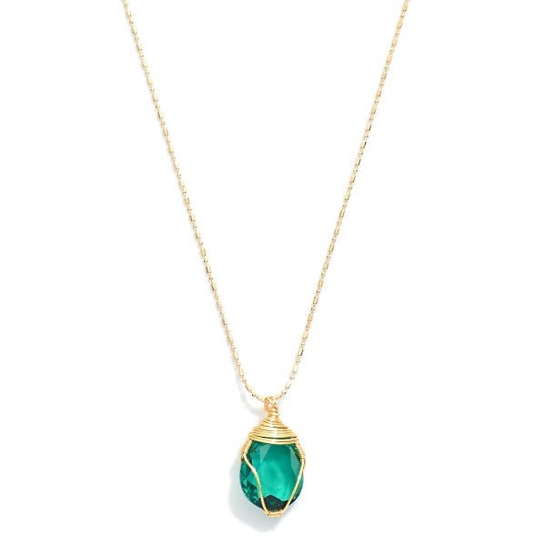 Gold Tone Ball Chain Necklace Featuring Wire Wrapped Glass Crystal Pendant Default Title