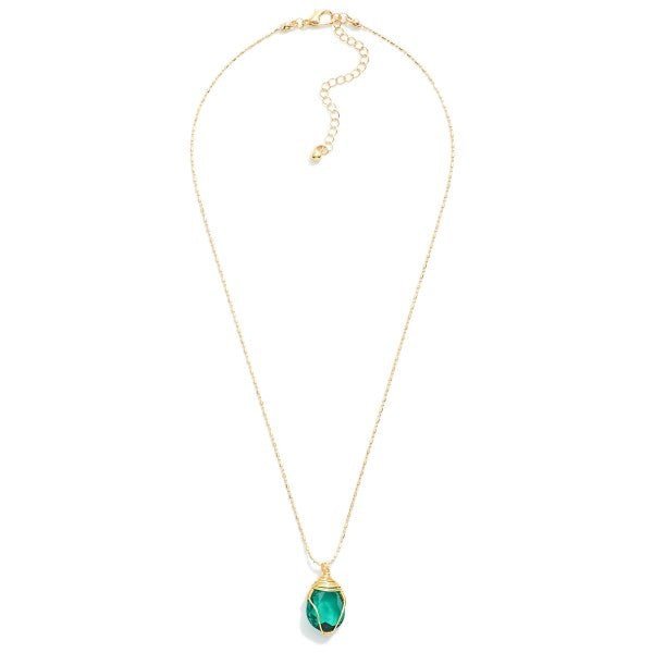 Gold Tone Ball Chain Necklace Featuring Wire Wrapped Glass Crystal Pendant - The Mustard Seed Collection, The Seed