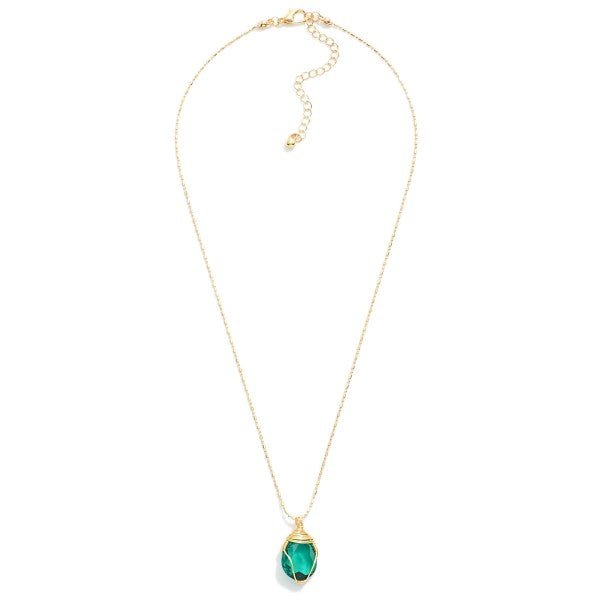 Gold Tone Ball Chain Necklace Featuring Wire Wrapped Glass Crystal Pendant